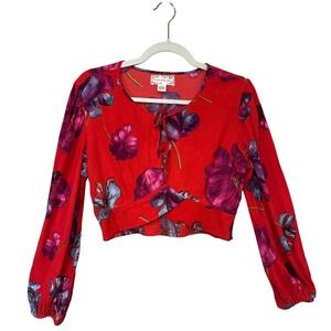 Band of the Free Floral Blouse‎ Crop Top Tie Front Red Purple Women's Medium